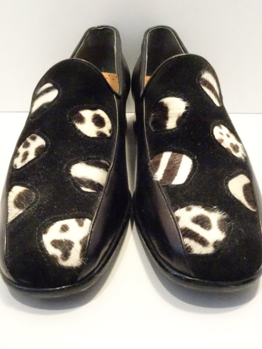 Heyraud Paris Black Leather Loafers Animal Hair Insert Print Size 36 Made Italy